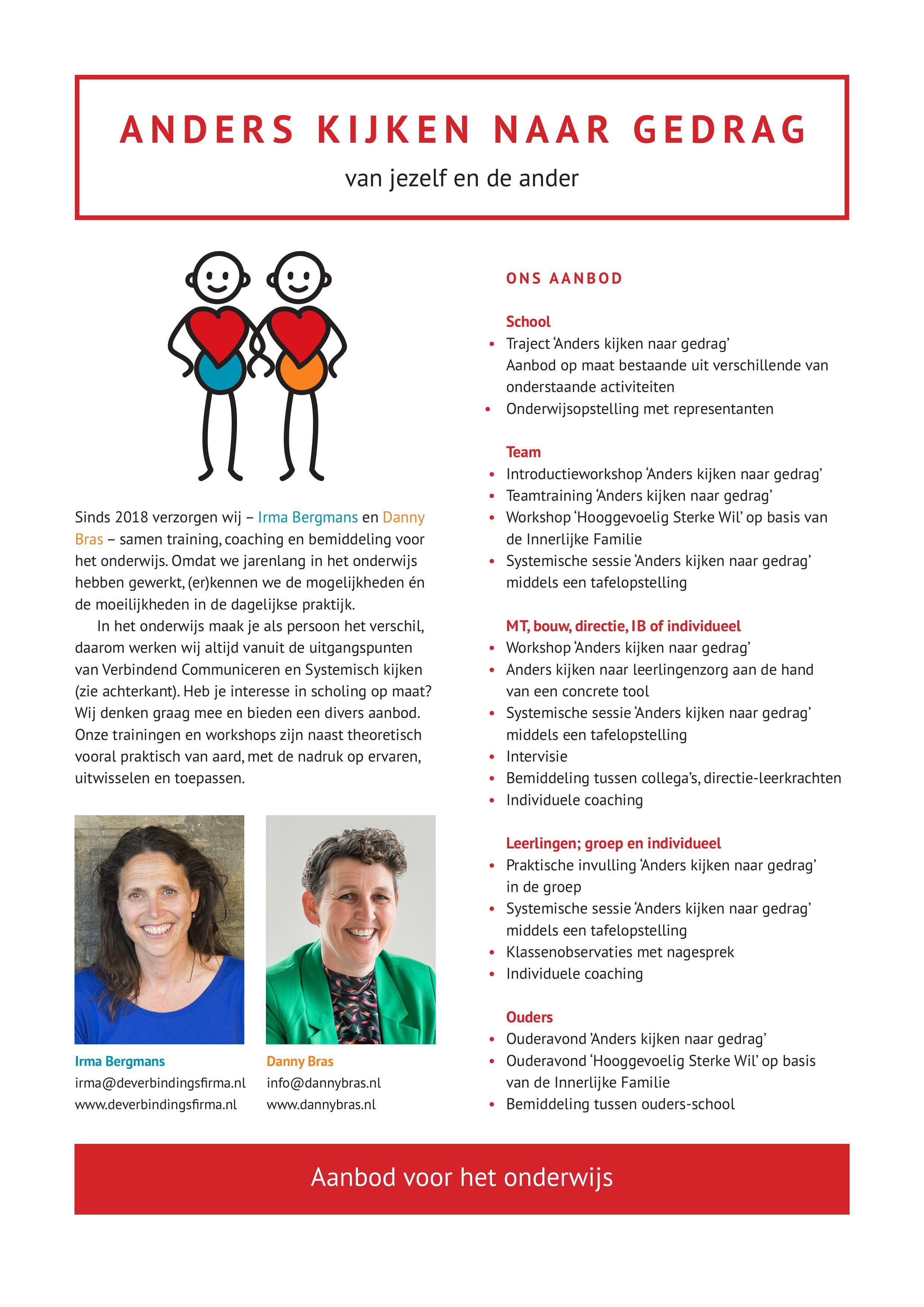 Flyer aanbod scholen Irma Bergmans en Danny Bras
